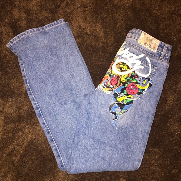 Ed Hardy Denim - Ed Hardy Blue Denim Jeans with Colorful Tiger & Snake Graphic